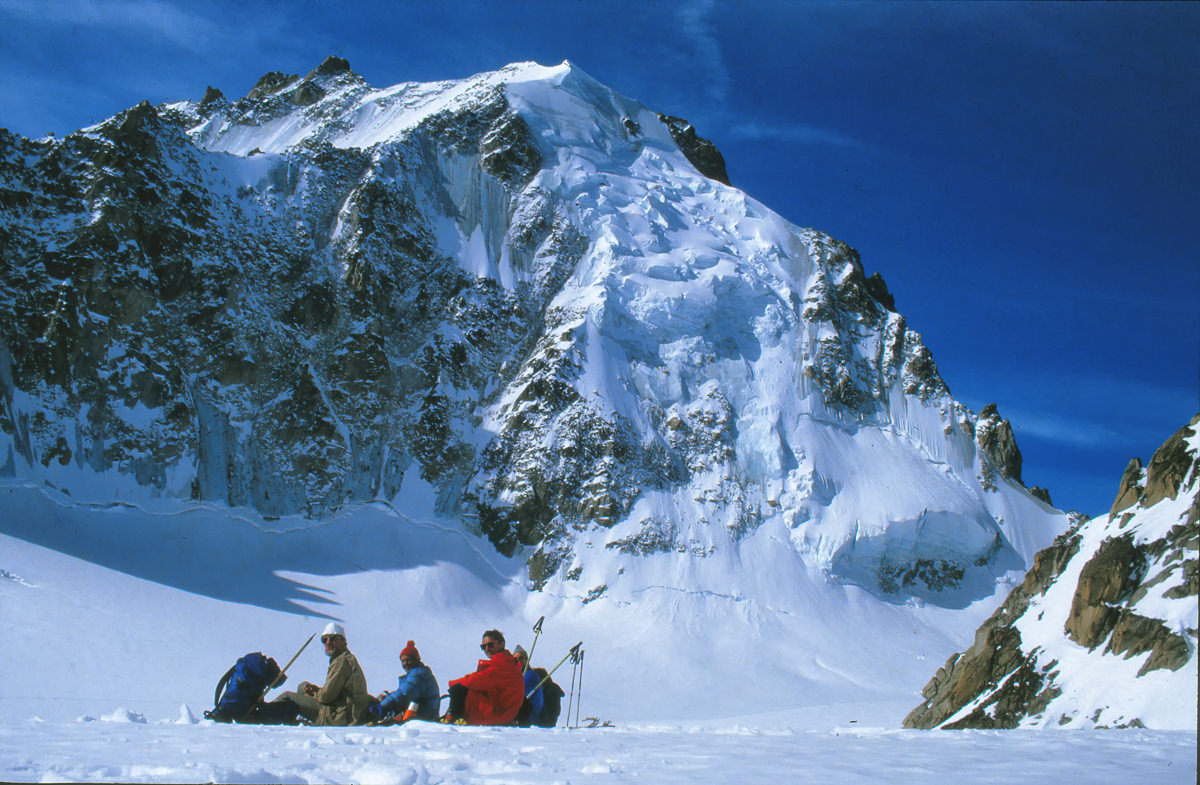 Pause unter der Aguille d'Argentiere, Haute Route, Frankreich